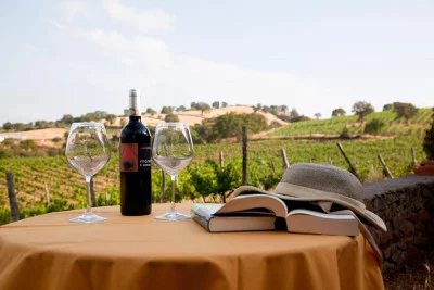 Wine tasting setup overlooking vineyards near a romantic getaway Tuscany villa